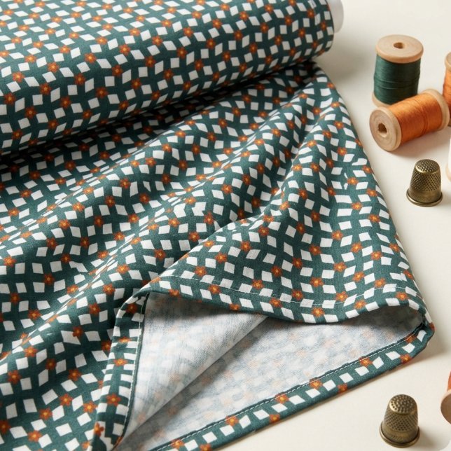 Teal Orange Floral Grid Poplin Fabric (Creator Uploaded)