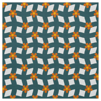 Teal Orange Floral Grid Poplin Fabric