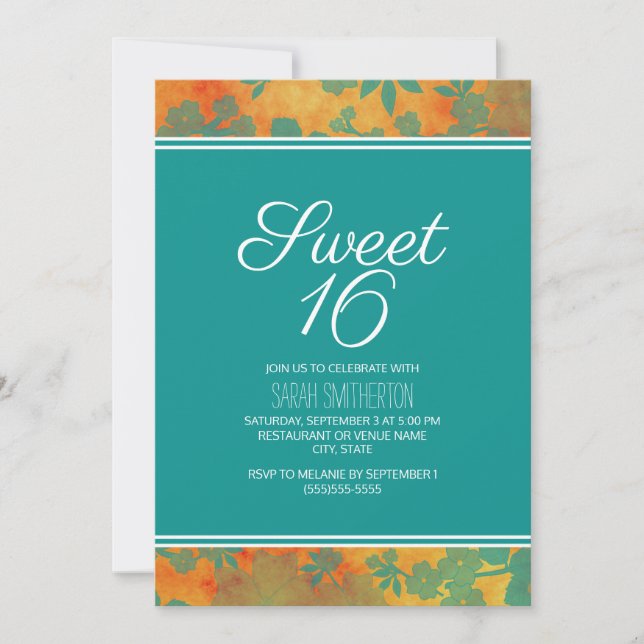 Teal Orange Floral Sweet 16 Girls Invitation (Front)