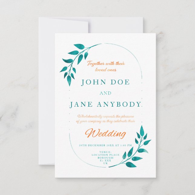Teal & Orange Floral Wedding Invitation (Front)