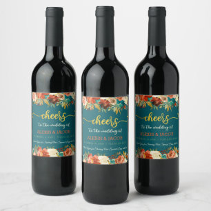 Teal & Orange Floral Wedding Wine Bottle Label