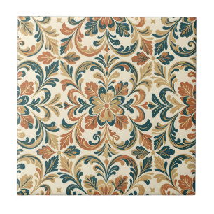 Teal Orange Folk Floral Damask Pattern Tile