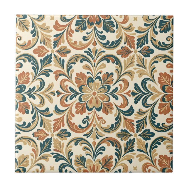 Teal Orange Folk Floral Damask Pattern Tile (Front)