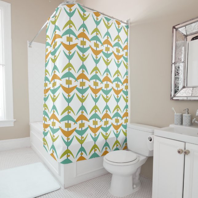 Teal Orange Green Boomerang Mid Century Modern Shower Curtain (In Situ)