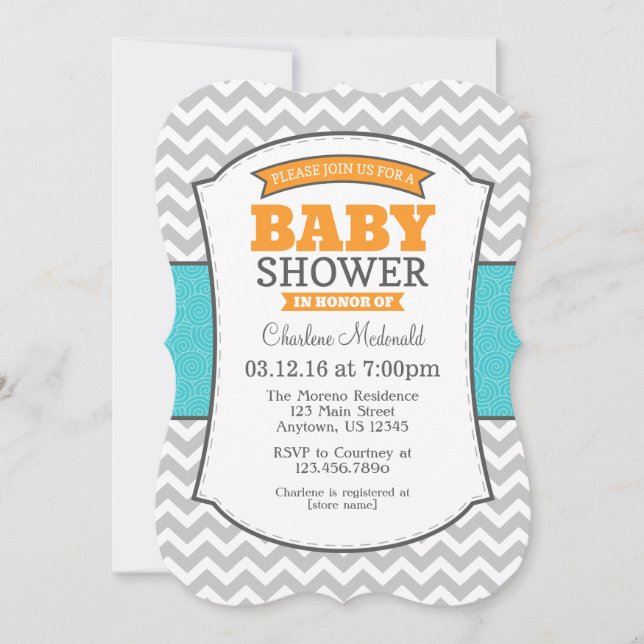 Teal Orange Grey Chevron Baby Shower Invitation (Front)