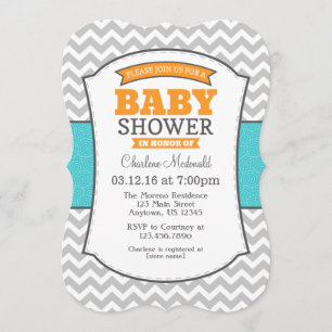 Teal Orange Grey Chevron Baby Shower Invitation