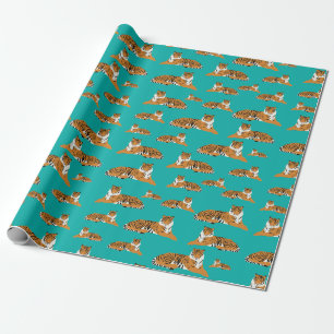 Teal Orange Jungle Tiger Animal Pattern Wrapping Paper