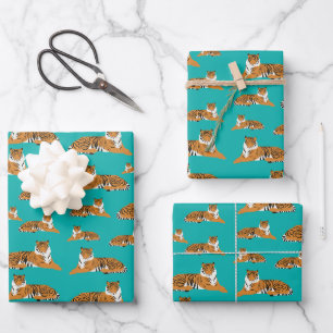Teal Orange Jungle Tiger Animal Pattern Wrapping Paper Sheet