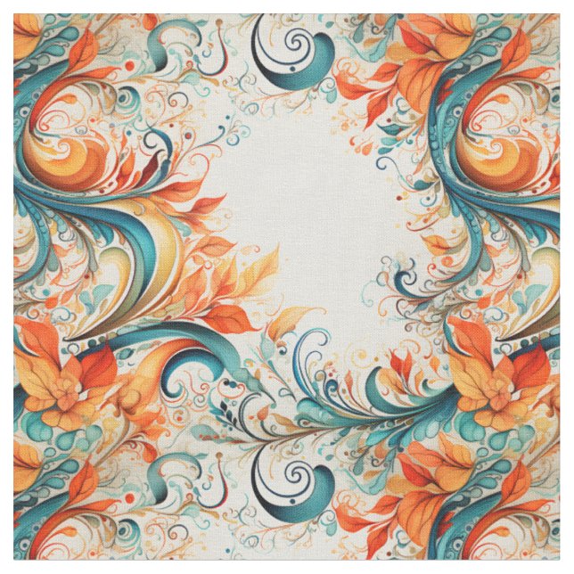 Teal & Orange Leaves Fabric (Close Up)