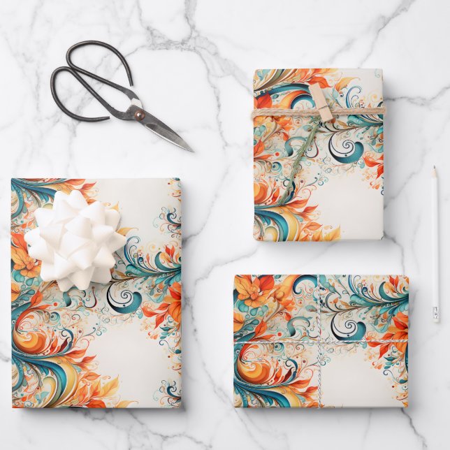 Teal & Orange Leaves Wrapping Paper Sheet (Front)