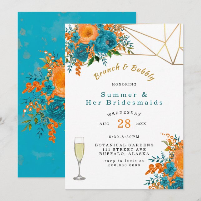 Teal Orange Painted Floral Brunch and Bubbly Invitation (Front/Back)