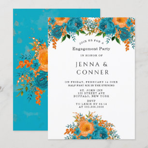 Teal Orange Painted Floral Engagement Party Invitation