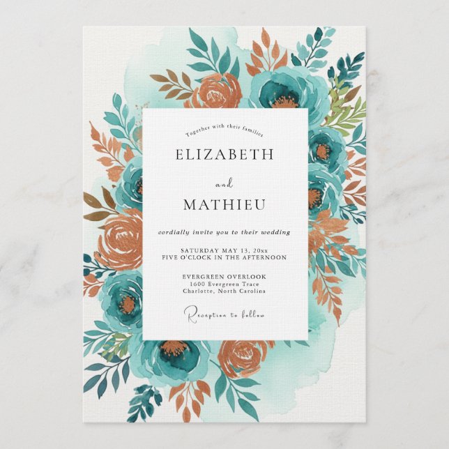 Teal Orange Painterly Bloom Wedding Invitation (Front)