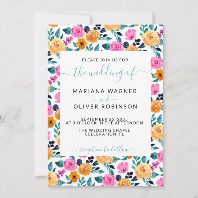 Teal Orange Pink Simple Floral Elegant Script Invi Invitation (Front)