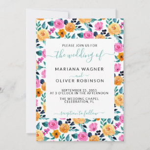 Teal Orange Pink Simple Floral Elegant Script Invi Invitation