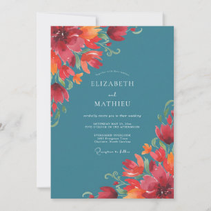 Teal Orange Poppy Wedding Invitation