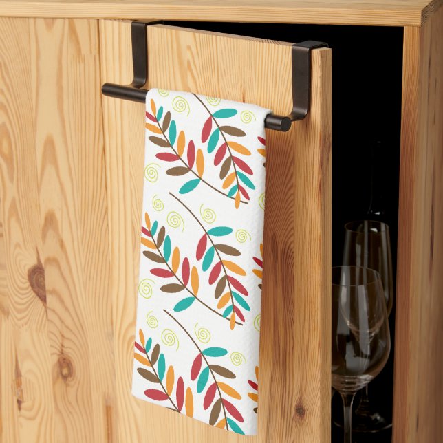 Teal, Orange, Red, Brown Fall Leaf Pattern Tea Towel (Thirds Fold)