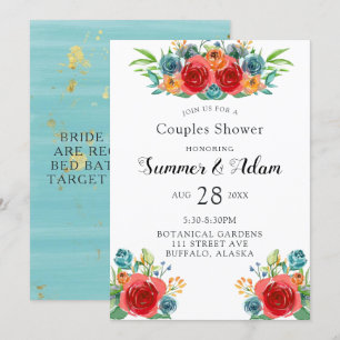 Teal Orange Red Florals Gold Couples Shower Invitation
