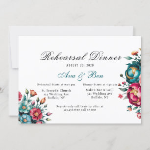 Teal Orange Red Peony Rehearsal Dinner Invitation