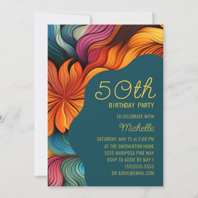 Teal Orange Retro Curves Modern 50th Birthday Invitation (Front)