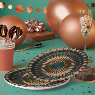 Teal Orange Spiral Earthy Vibe Design Paper Plate