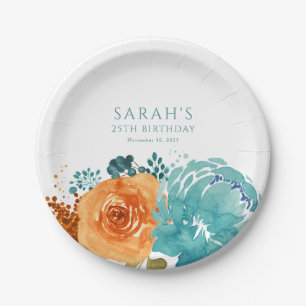 Teal Orange Terracotta Boho Fall Floral  Paper Plate