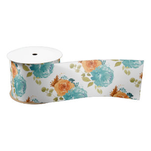 Teal orange Terracotta Boho Floral botanical Satin Ribbon