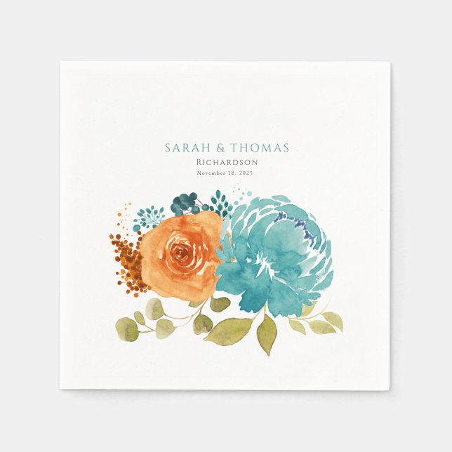 Teal Orange  Terracotta Boho  Floral Napkin (Front)