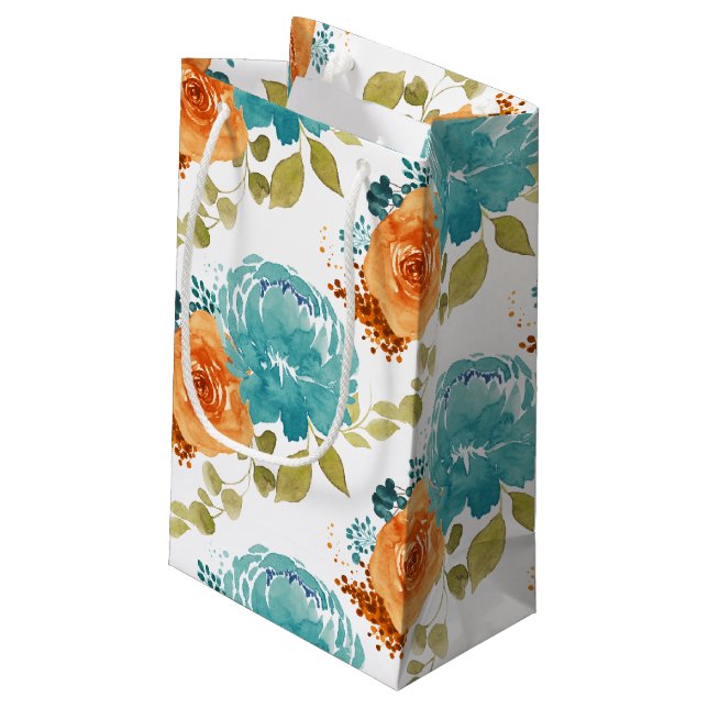 Teal Orange  Terracotta Boho Floral  Small Gift Bag (Back Angled)