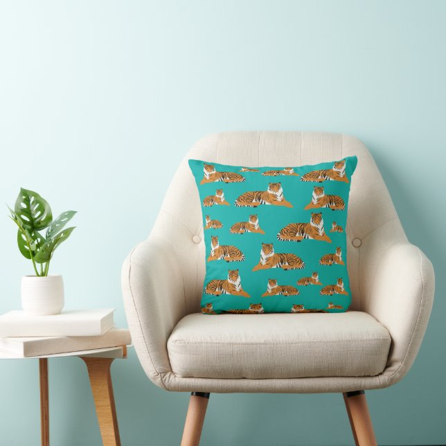 Teal Orange Tiger Animal Pattern Cushion (Chair)