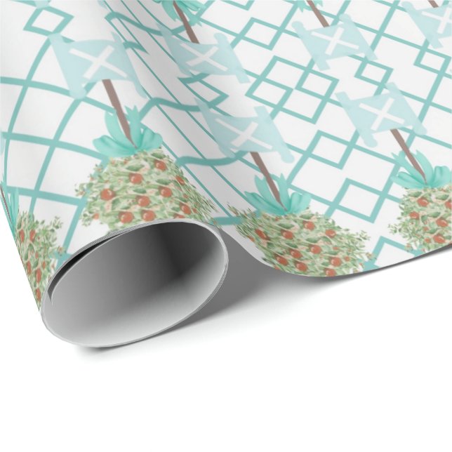 Teal Orange Topiary Robin's Egg Blue  Wrapping Pap Wrapping Paper (Roll Corner)