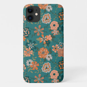 Teal Orange Trendy Floral Vine Flower Pattern iPhone 11 Case