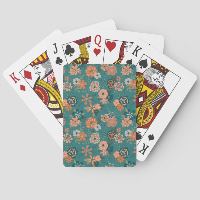 Teal Orange Trendy Floral Vine Flower Pattern Playing Cards (Back)