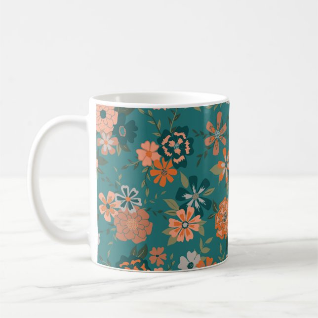 Teal Orange Trendy Floral Vine Patterned Flowers Coffee Mug (Left)