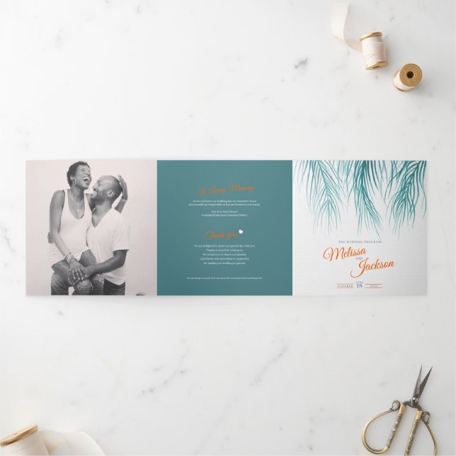 Teal orange tropical palms wedding square Tri-Fold programme (Outside)