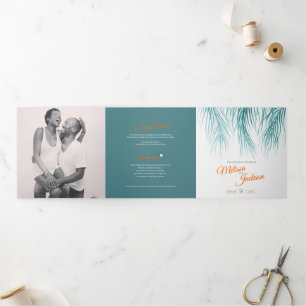 Teal orange tropical palms wedding square Tri-Fold programme