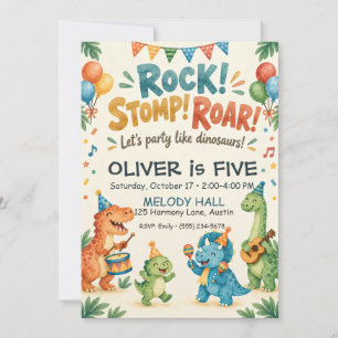 Teal Orange Watercolor Dinosaur Music Birthday Invitation