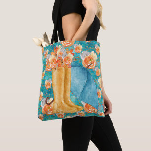 TEAL & ORANGE WATERCOLOR FALL FLOWERS RAIN BOOTS TOTE BAG