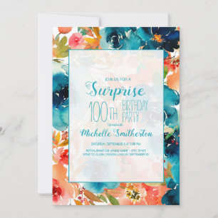 Teal Orange Watercolor Floral 100th Birthday Invitation