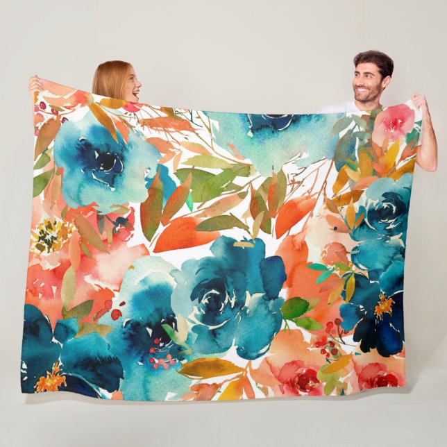 Teal Orange Watercolor Floral Leaves Fleece Blanket (In Situ)