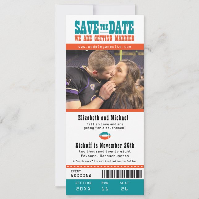 Teal Orange Wedding Save the Date Football Ticket (Front)