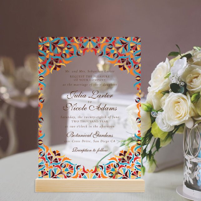 Teal Orange Whimsical Floral Mandala Wedding Acrylic Invitations (Creator Uploaded)
