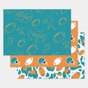 Teal, Orange & White Football Patterns Wrapping Paper Sheet