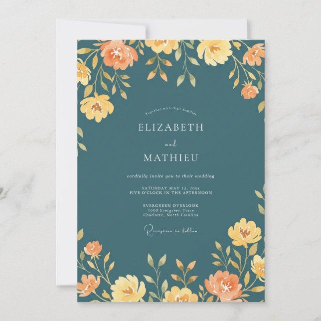Teal Orange Wildflower Wedding Invitation (Front)