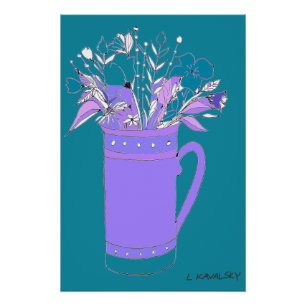 Teal Original Colourful Flowers In A Mug Poster
