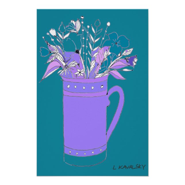 Teal Original Colourful Flowers In A Mug Poster  (Front)