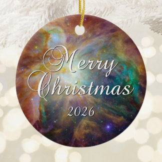 Teal Orion in Infrared Merry Christmas Ceramic Tree Decoration