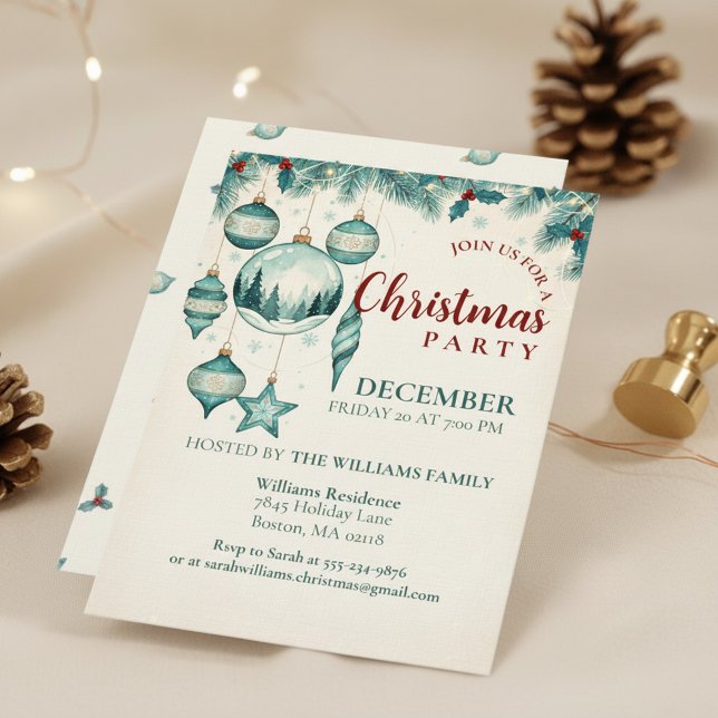  Teal Ornament Christmas Party Invitation Art (Calm Winter Theme)