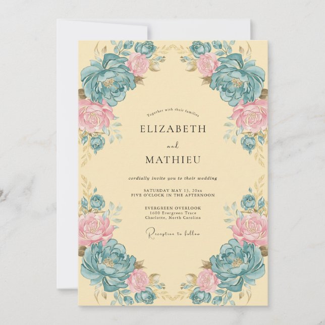 Teal Ornate Floral Wedding Invitation (Front)