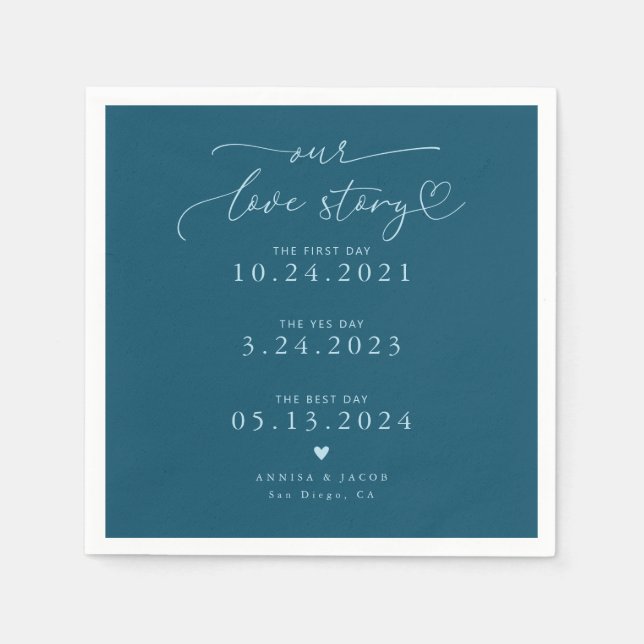 Teal Our Love Story Elegant Script Wedding Napkin (Front)